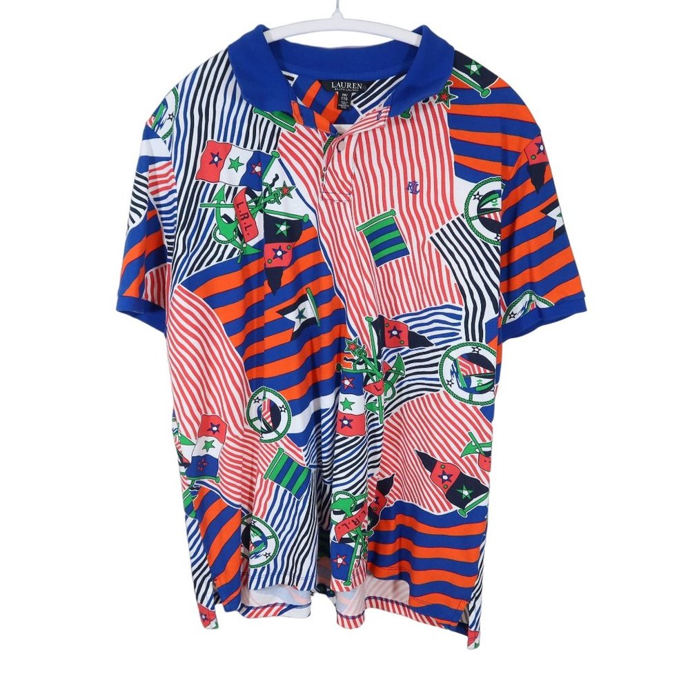 LAUREN RALPH LAUREN Size 2X Nautical Anchor Flag Print Polo Shirt Blue Orange